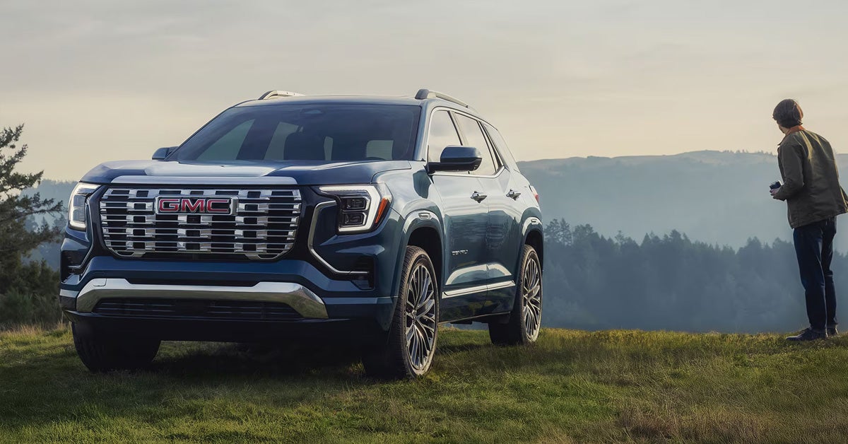 2026 GMC Acadia - Parked on a grassy hill next to a person looking over the valley.