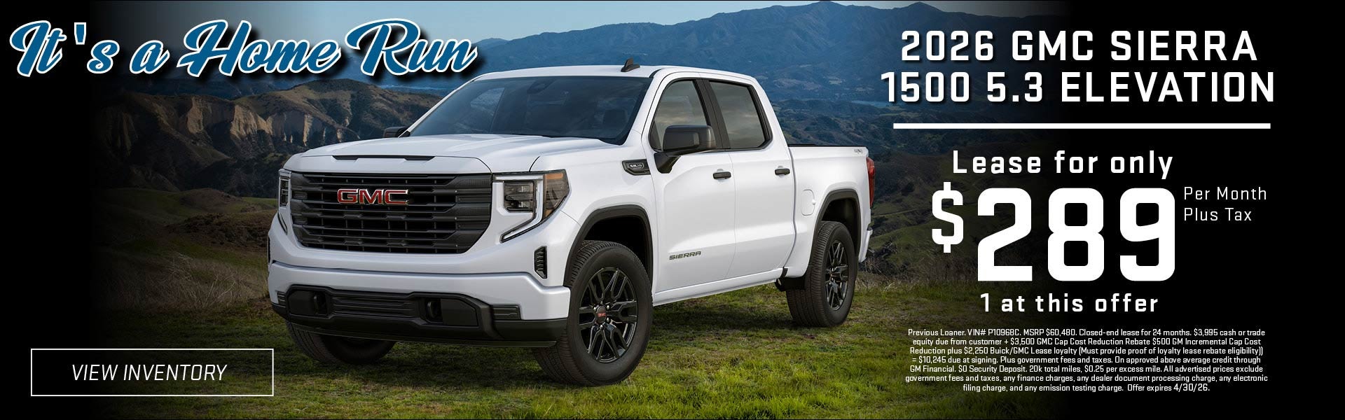 2026 GMC Sierra 1500 Elevation lease for $289 per month